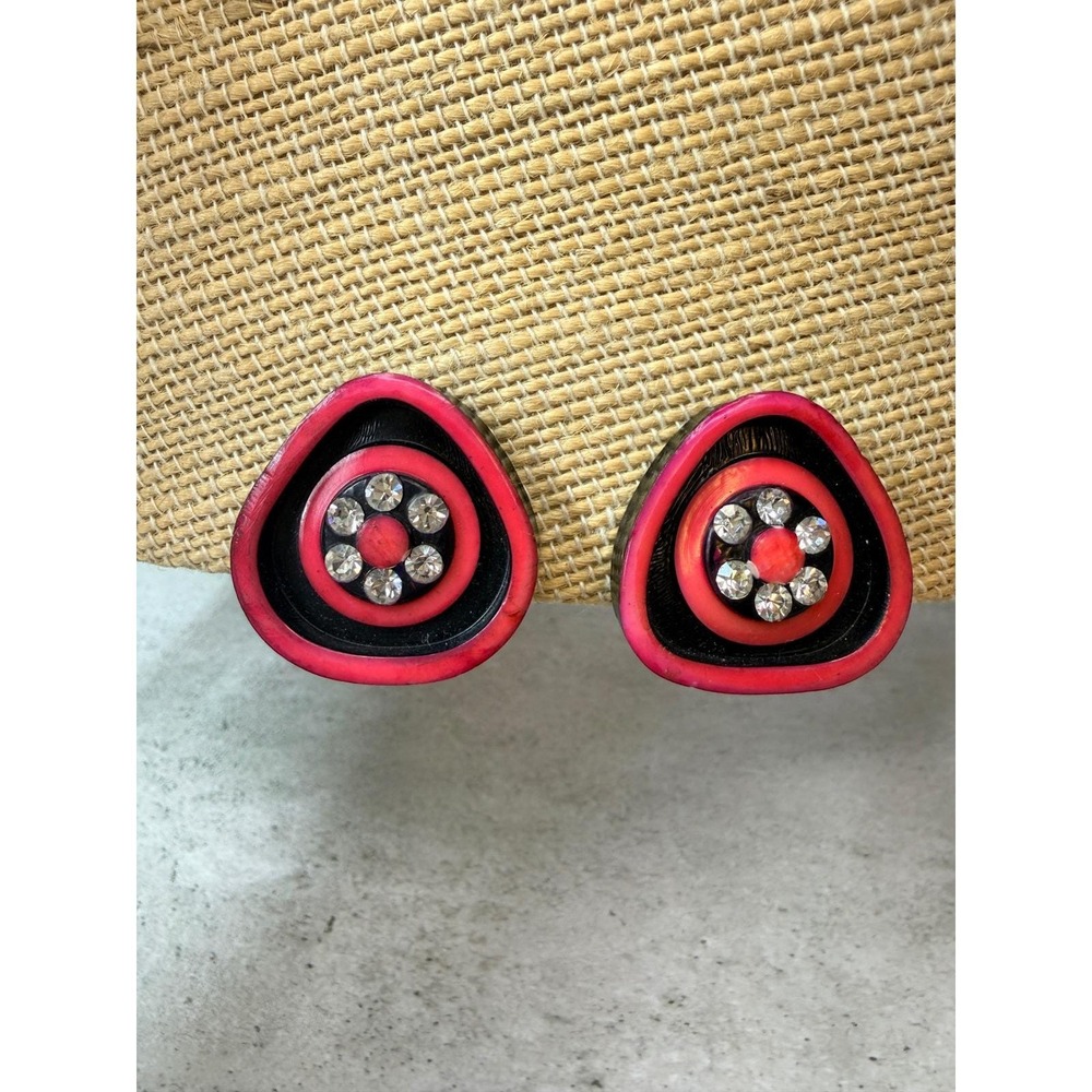 Vintage Pink Black Resin Triangle Clip On Earrings Rhinestone Flower Geometric